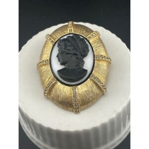 Schrager Large Gold Tone Statement Brooch Black Cameo Rhinestone Sculptural Vtg